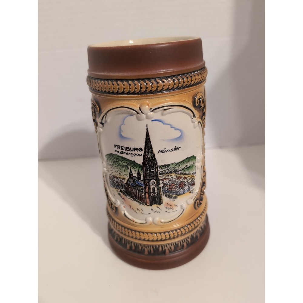 Original King German Beer Mug Hand Painted Handmade Depicting Freiburg & Munster